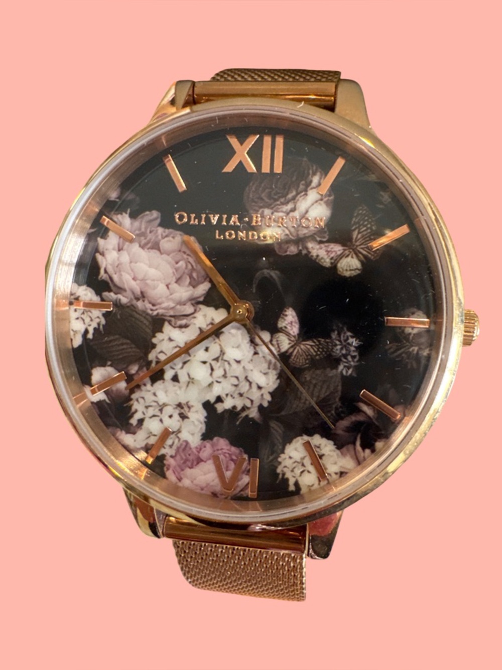 OLIVIA BURTON Rose Gold Mesh Watch with Black Floral Dial
